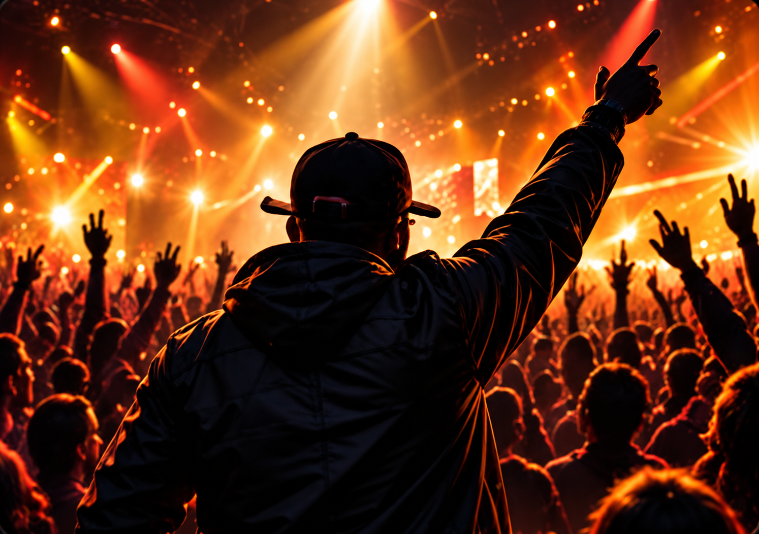 DJ with a raised hand in front of a cheering crowd under stage lights